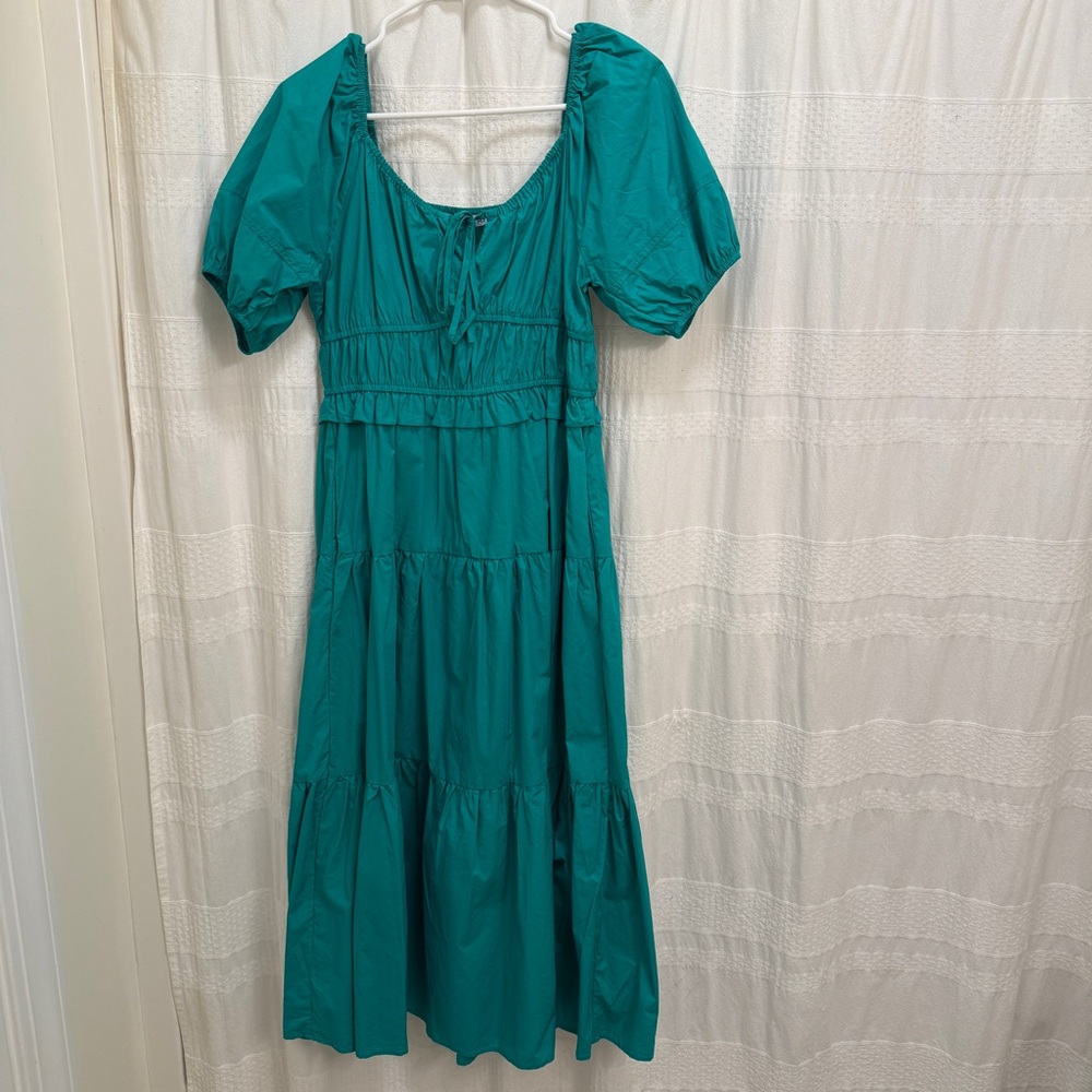 Anna Rae Puff Sleeve Midi Dress Green Womens Small Pockets